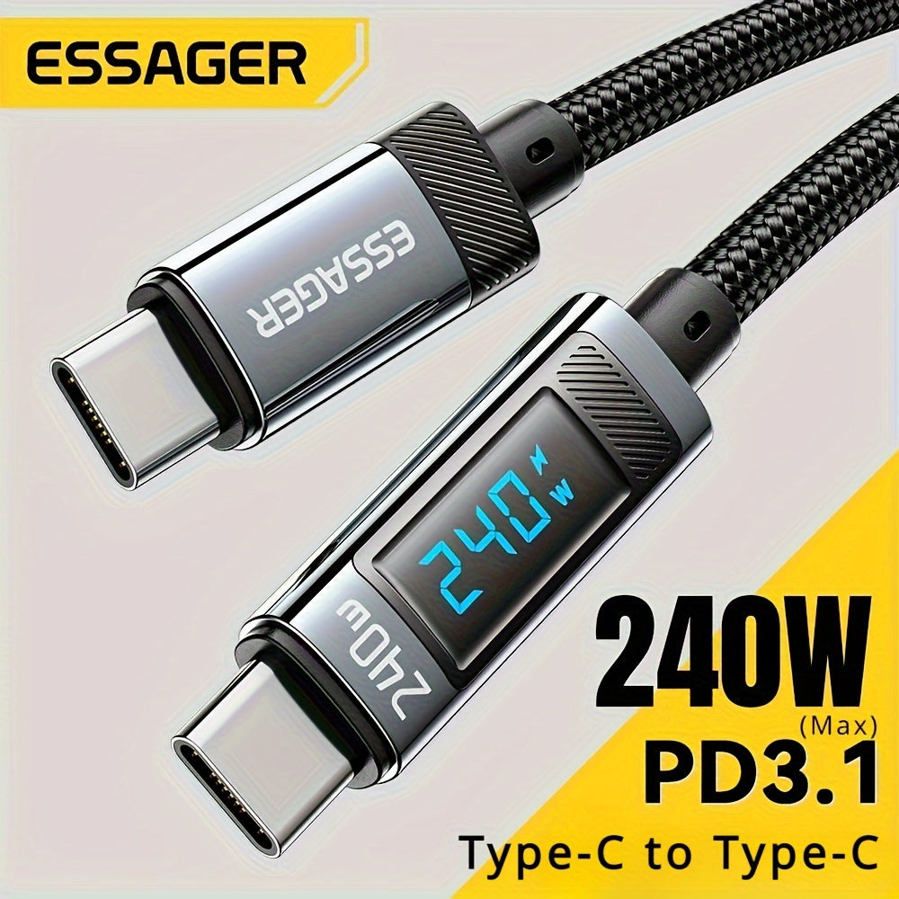 Essager 240W USB-C to USB-C Cable, 100W PD 3.1 Fast Charge, Fabric Flat Data Cord, Male to Male, for MacBook Pro, Xiaomi, and Laptops. ESSAGER Brand, No Battery, 1M/2M.