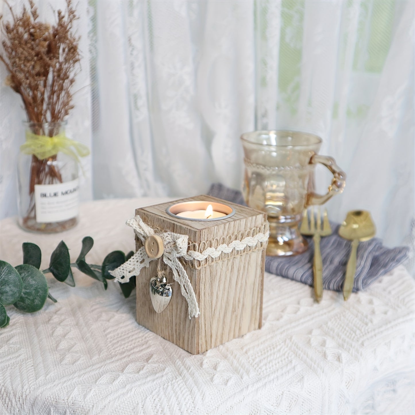 Wooden candle holder for table decoration, ideal for creating a romantic atmosphere for dates, dinners, or Halloween.