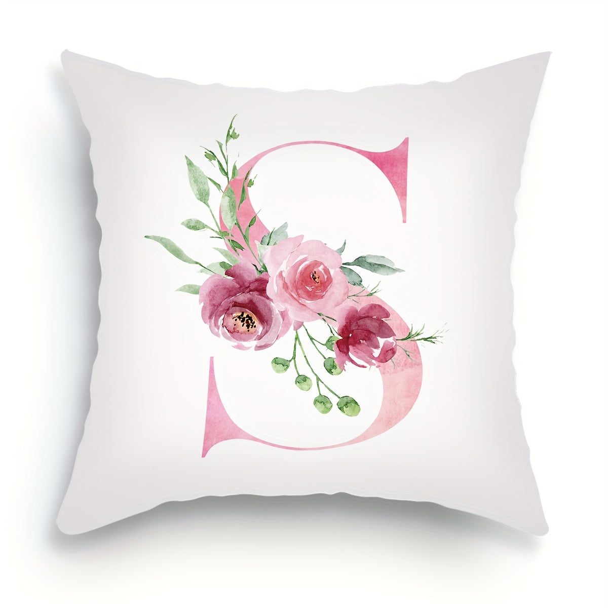 18x18 inch Alphabet Floral Pillow Cover featuring A to Z English Letters in pink print. Ideal for adding a contemporary touch to sofa, living room, or bedroom decor. Single-sided printing, insert not included.