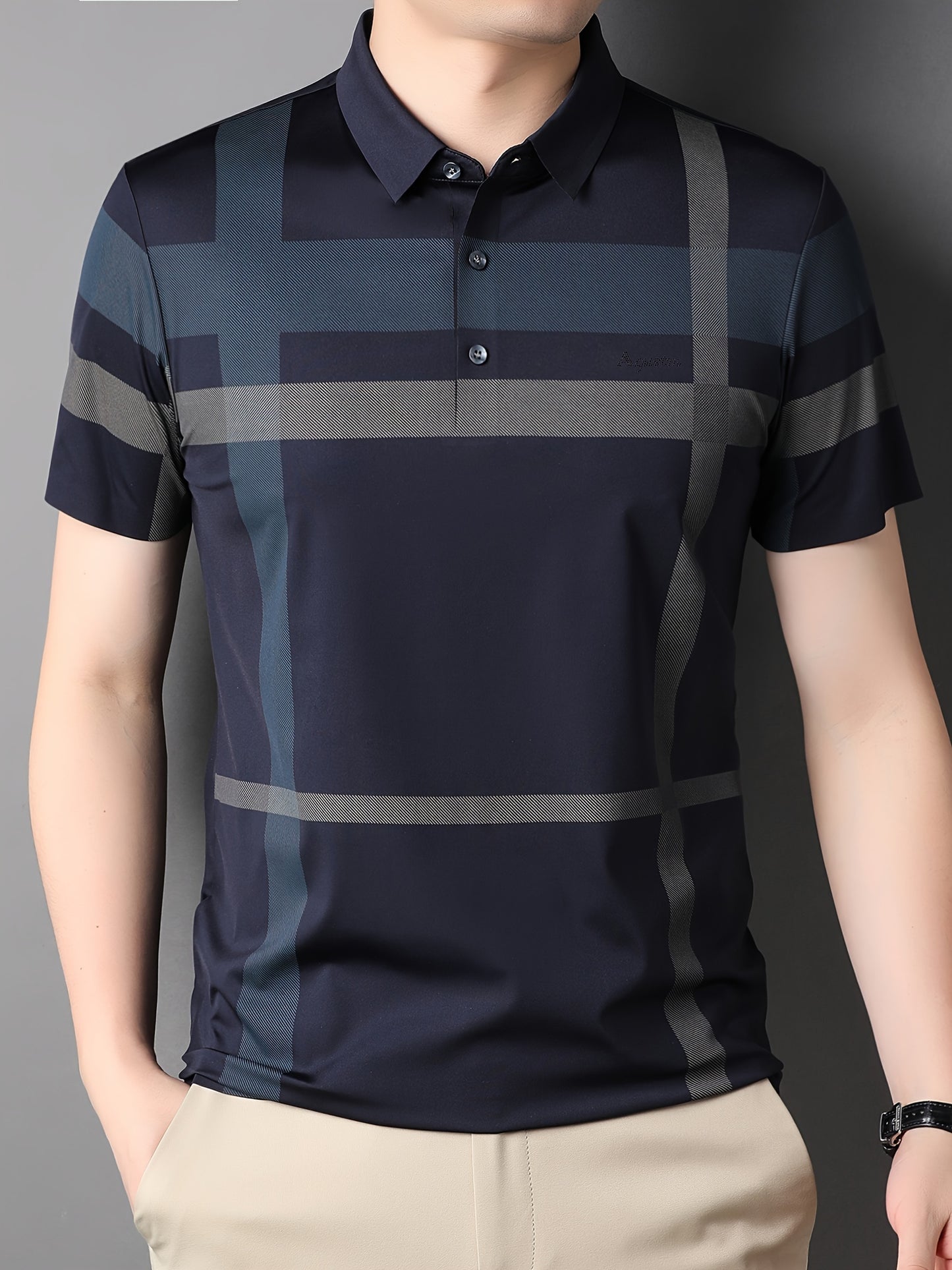 Summer plaid men's shirt with short sleeves, made of nylon blend stretch fabric that is not transparent.