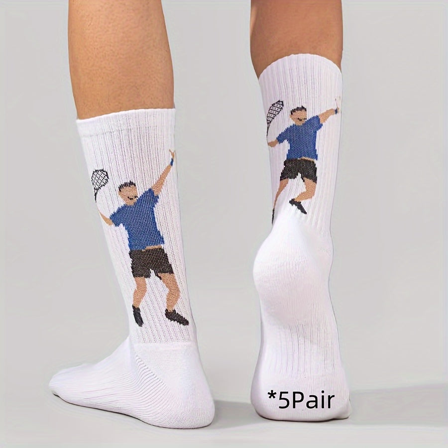 Men's tennis sports socks in cotton blend knit fabric with cartoon print. Suitable for football, tennis, fitness in all seasons. Unisex couple socks in European and Japanese style. Hand