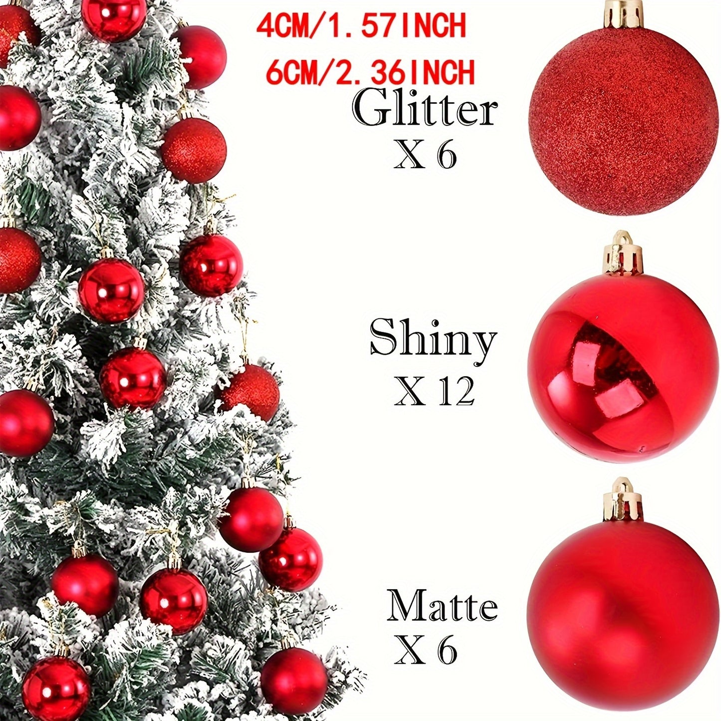 24 shatterproof Christmas tree ornaments in various sizes for festive decorations.