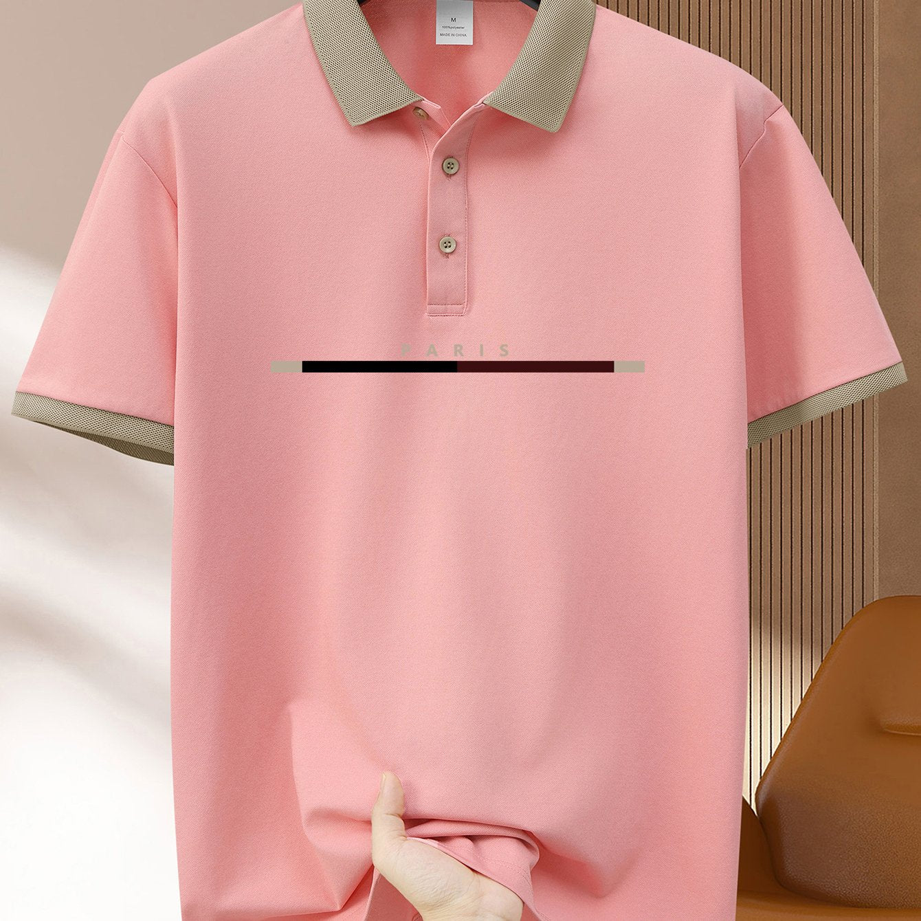 1pc Men's casual polo shirt with geometric pattern made of summer knit polyester, featuring a button collar and short sleeves. Available in navy blue, light green, khaki, black, and pink.