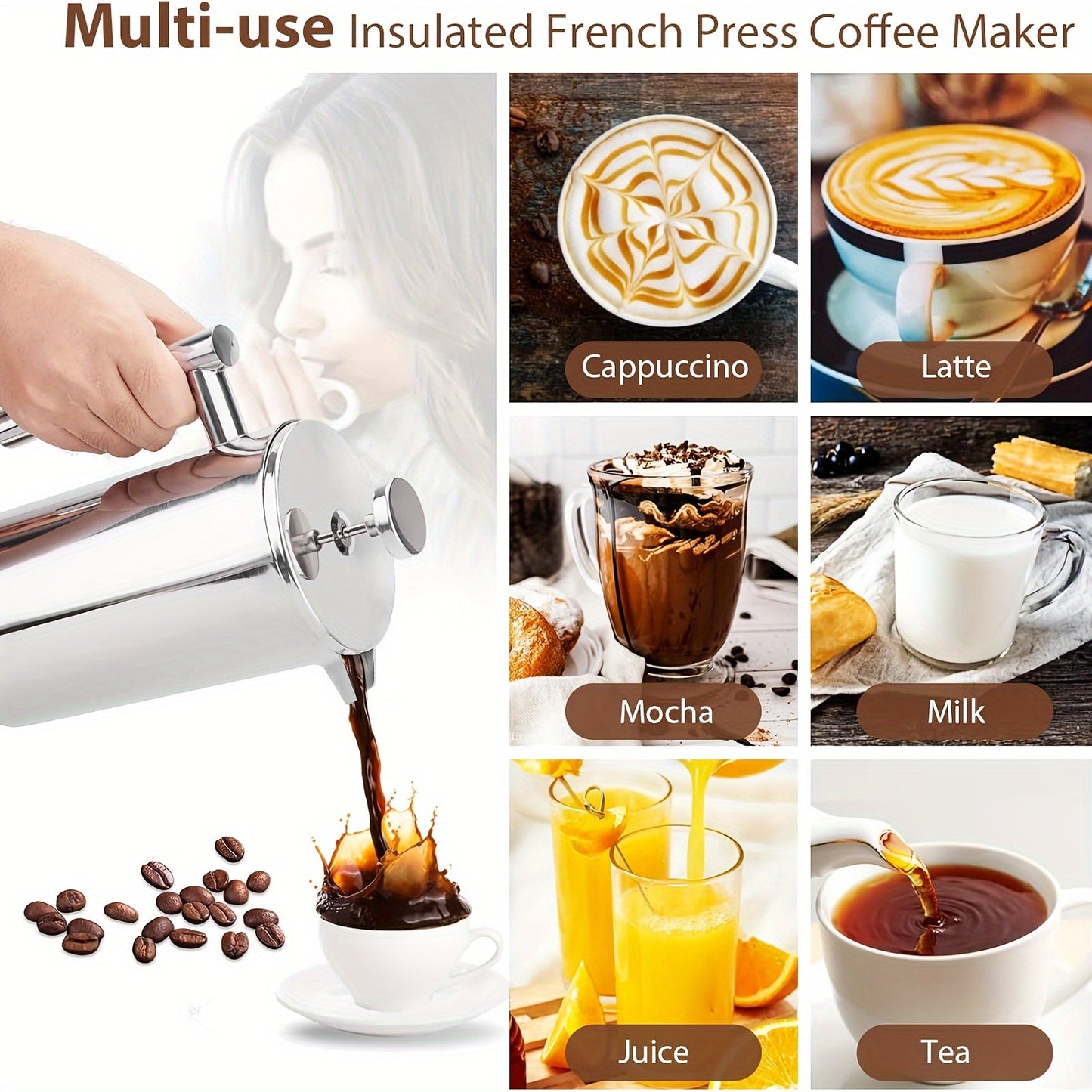 Stainless steel French press coffee pot is durable and ideal for making delicious coffee in the comfort of your home.