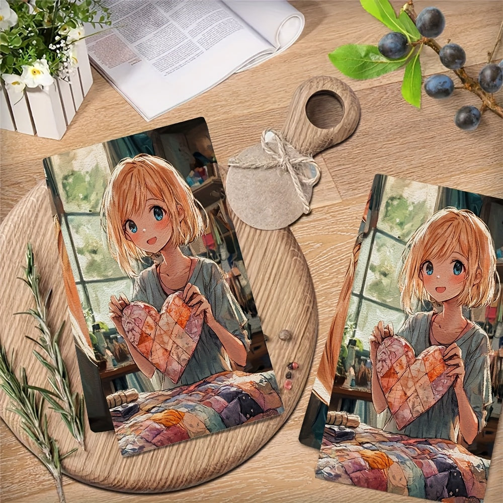 Set of 2 Kitchen Towels featuring an Anime Girl with Short Blonde Hair creating a Heart Shaped Quilt. These Ultra Soft and Highly Absorbent Dish Hand Towels are perfect for holiday decor. Machine Washable and measuring 16x24 inches. Item number