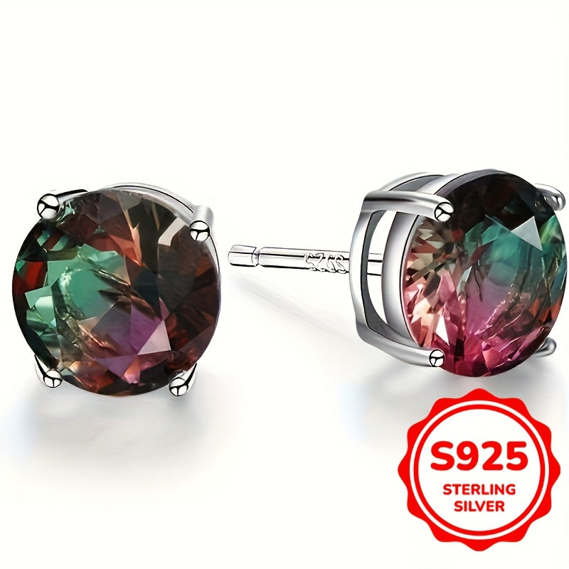 Elegant Sterling Silver Tourmaline Earrings with 925 Stamped, Multi-color Anti-allergy Earrings, 6.78mm Round Single Gemstones, Perfect for Women and Teens