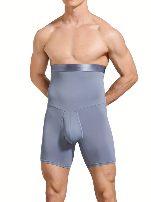 Men's high waist tummy control shorts for slimming in grey color, with body shaping and leg underwear features.