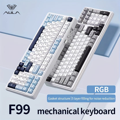 AULA F99 Mechanical Gaming Keyboard with RGB Backlit, 99 Keys, 2.4G Wireless & Wired Hot Swap, Ergonomic PBT, USB Type-C, Rechargeable Battery, Includes Keycap Puller, Ideal Festive Gift