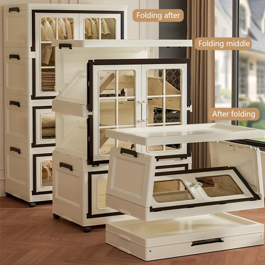 Portable closets that are suitable for bedroom, kitchen, and bathroom. This multifunctional folding storage cabinet is easy to assemble and made of plastic. It is a space-saving mobile wardrobe with wheel lock, perfect for hanging large children's