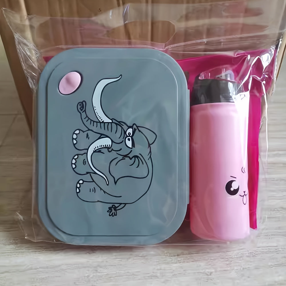 Cartoon Elephant Lunch Box Set with Water Bottle and Spoon, 1 Piece - Hand Wash Only, Made of Plastic, Rectangle Shape, Manual Operation, No Electricity Needed