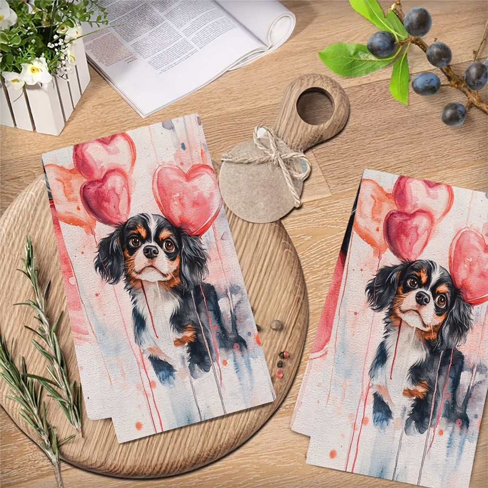 Celebrate Valentine's Day with these 2 ultra soft kitchen towels featuring a charming Cavalier King Charles Spaniel design. These highly absorbent and machine washable dish hand towels measure 40.64x60.96 cm, making them perfect for holiday decor and