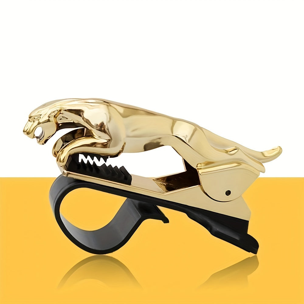 A versatile dashboard clip for the car, combining a phone holder and navigation stand, designed as a golden leopard.