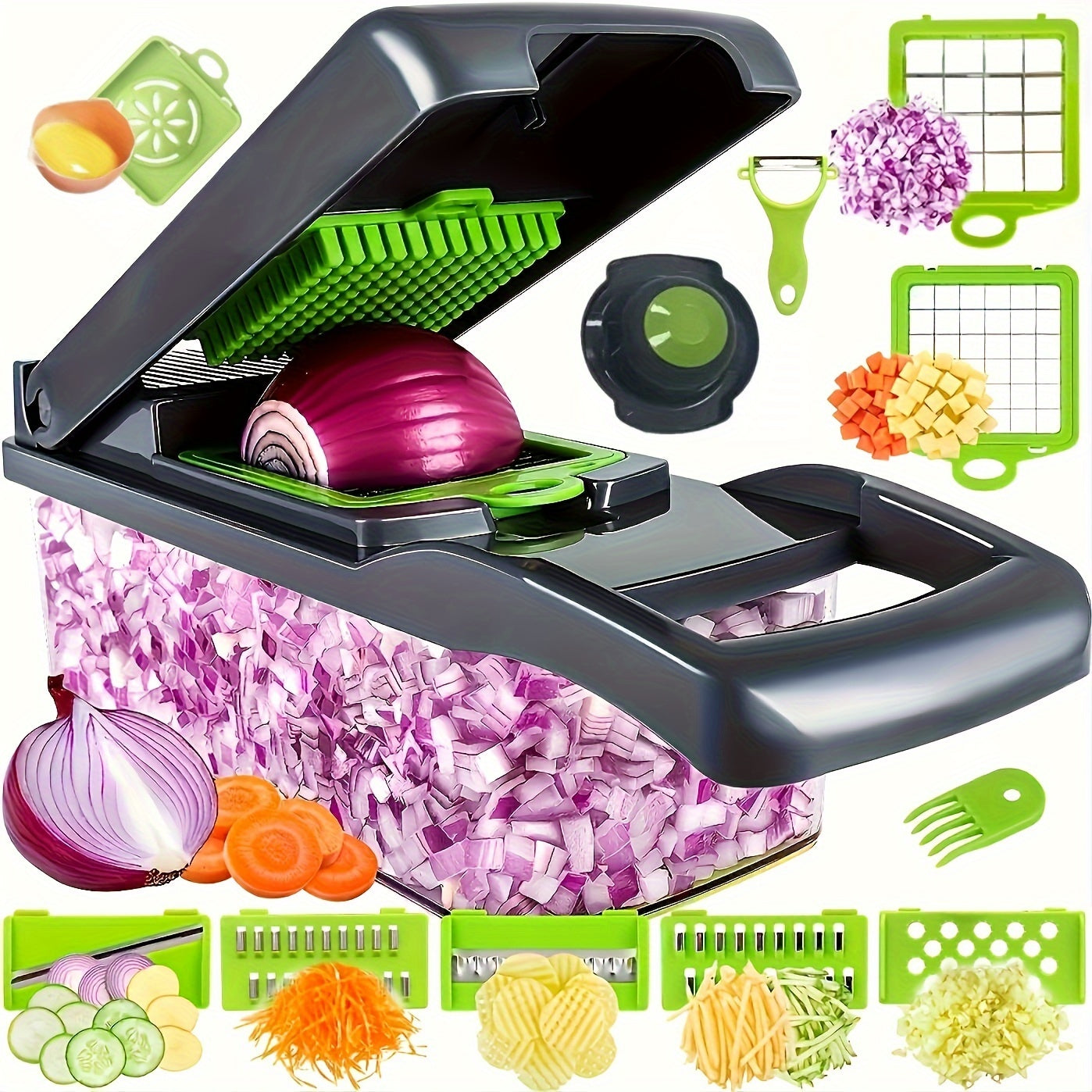 Set of 16 pieces including a vegetable chopper, multifunctional fruit slicer, veggie slicer, and cutter with container. Also includes an onion mincer chopper with multiple interchangeable blades, household potato shredder. Perfect for kitchen stuff and