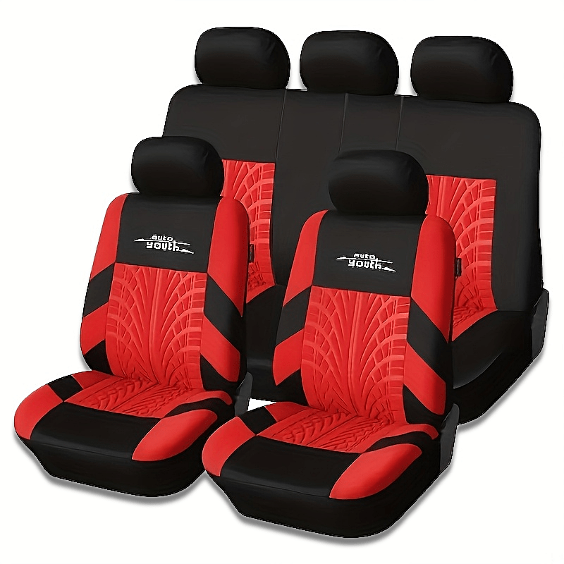 Polyester car seat cover for 5-seater vehicles, breathable and stain-resistant, with tire tread design. Fits sedans and SUVs.