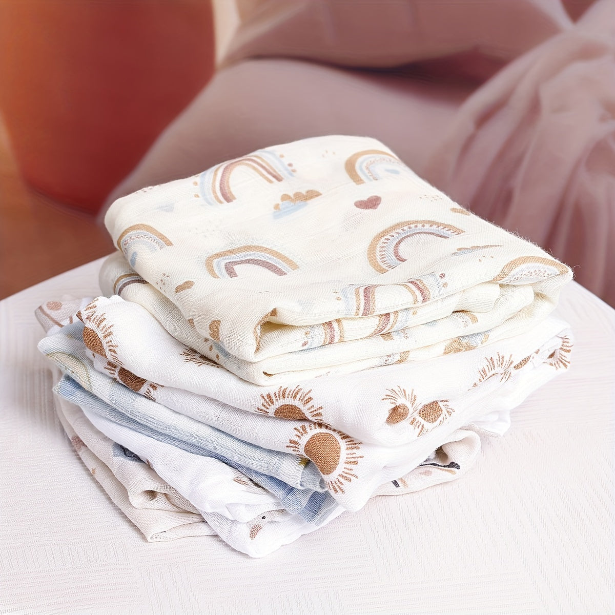 Introducing the versatile Bamboo Muslin Swaddle Feeding Burp Cloths Set, featuring 5 pieces measuring 59.99*59.99cm each. These super soft cloths can be used as face towels, hand towels, and even as bibs, adorned with a colorful rainbow and animal print