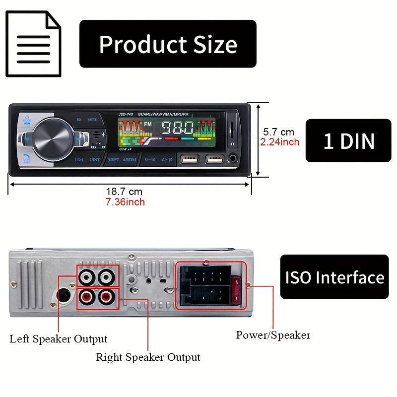 1 DIN car stereo with wireless remote, 60Wx4 FM receiver, AUX/USB/TF support, ISO interface, 12V/24V compatible.