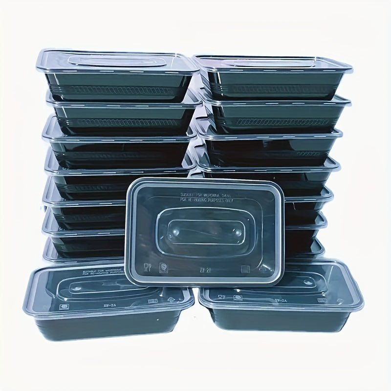 The package includes 10, 20, and 50 black lidded food storage containers. These ultra-thick plastic containers are portable and disposable, perfect for takeout meals. They are BPA-free and safe to use in the dishwasher, microwave, and refrigerator. Each