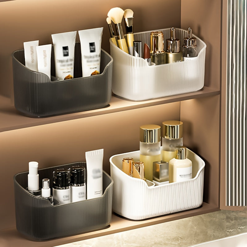 2-piece transparent plastic bathroom organizer set for skincare, makeup, and perfume storage on countertops.