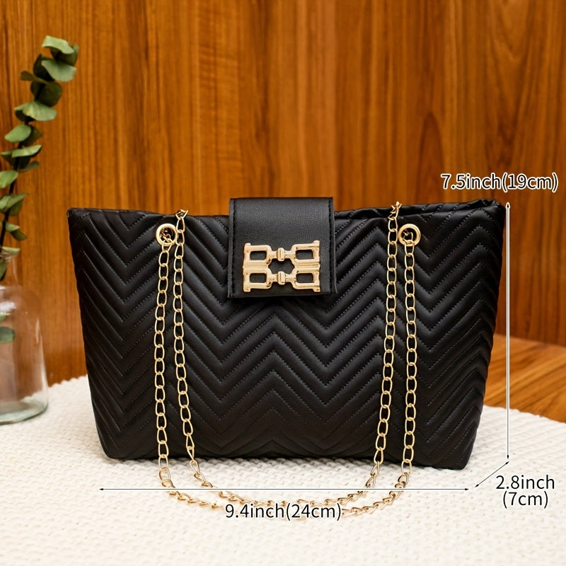 Versatile retro tote bag with magnetic closure and chevron pattern in black/light brown/white. Features chain strap and zippered closure. Perfect for daily use or special occasions.