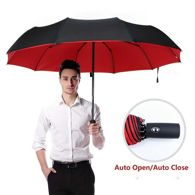 Stylish automatic umbrella with 10 ribs, windproof and UV protected, ideal for both sunny and rainy weather.