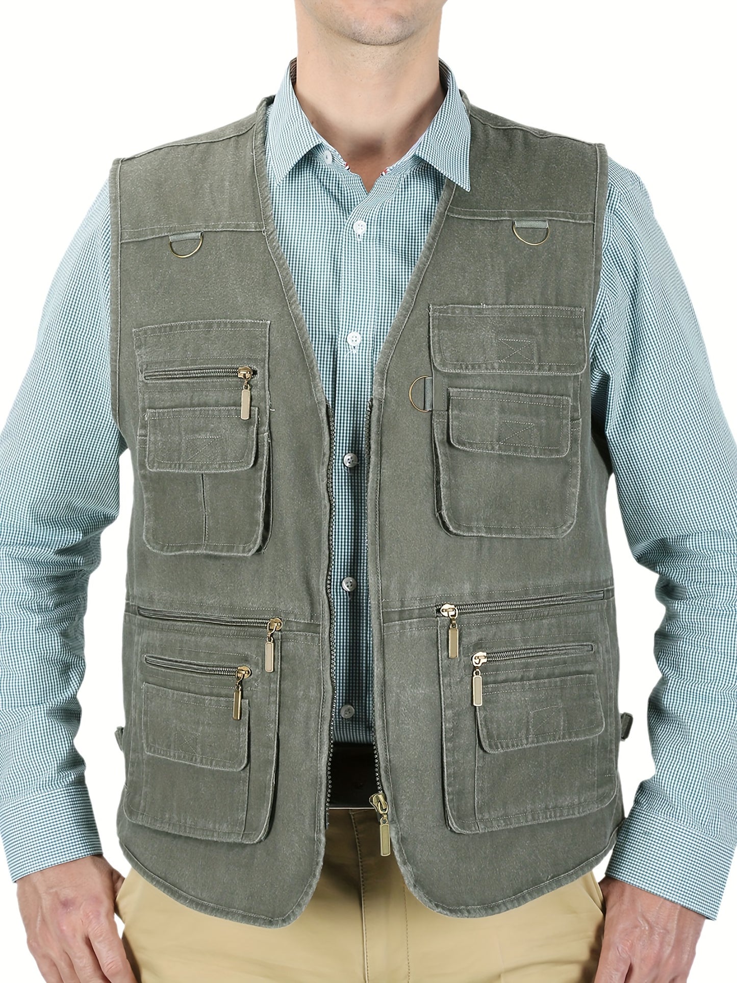 Solid multi-pocket zip-up vest jacket for men, perfect for outdoor activities and work days.