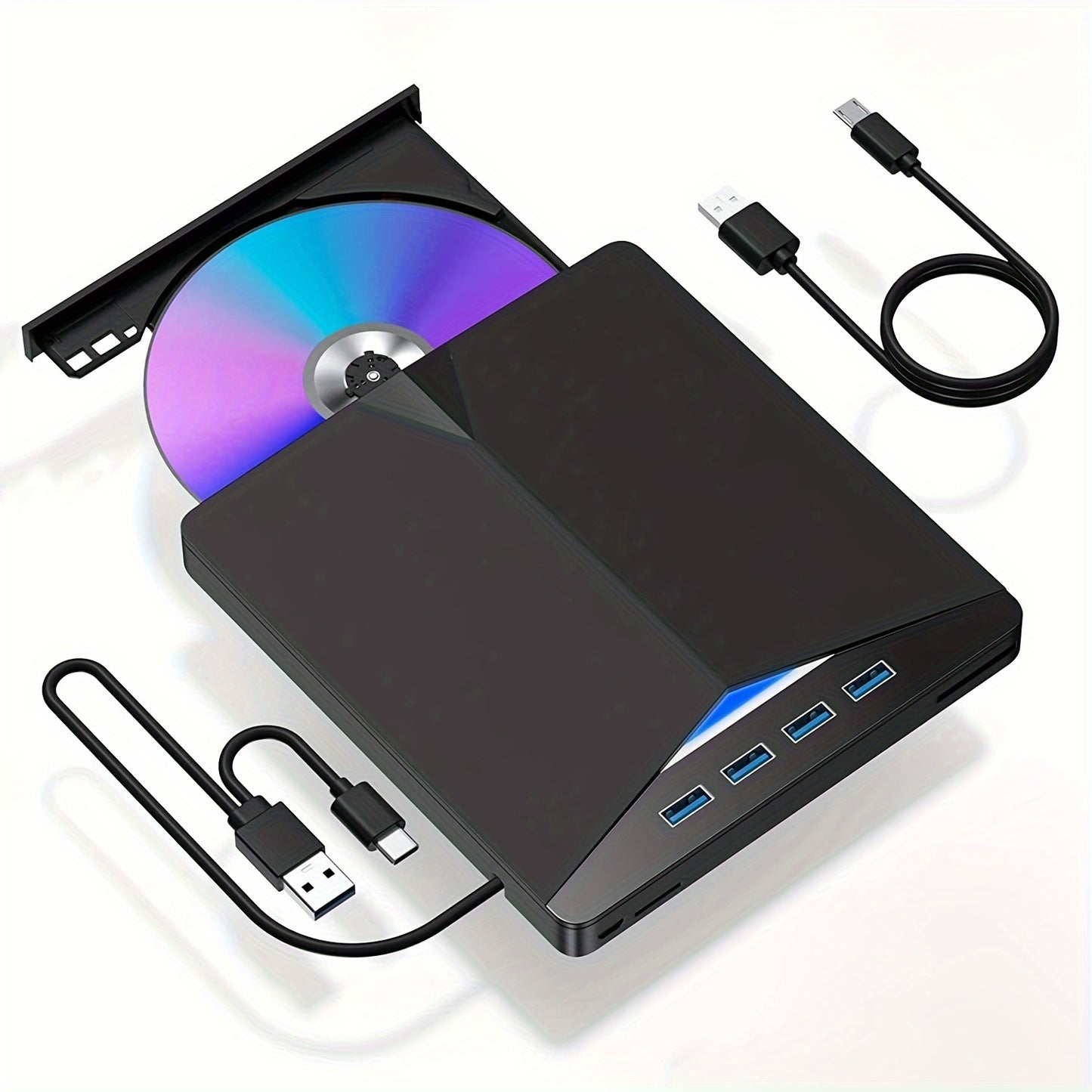 Portable DVD Drive with USB ports, card readers, and high-speed USB 3.0 for laptops and PCs - perfect for movies, music, games, and data transfer.