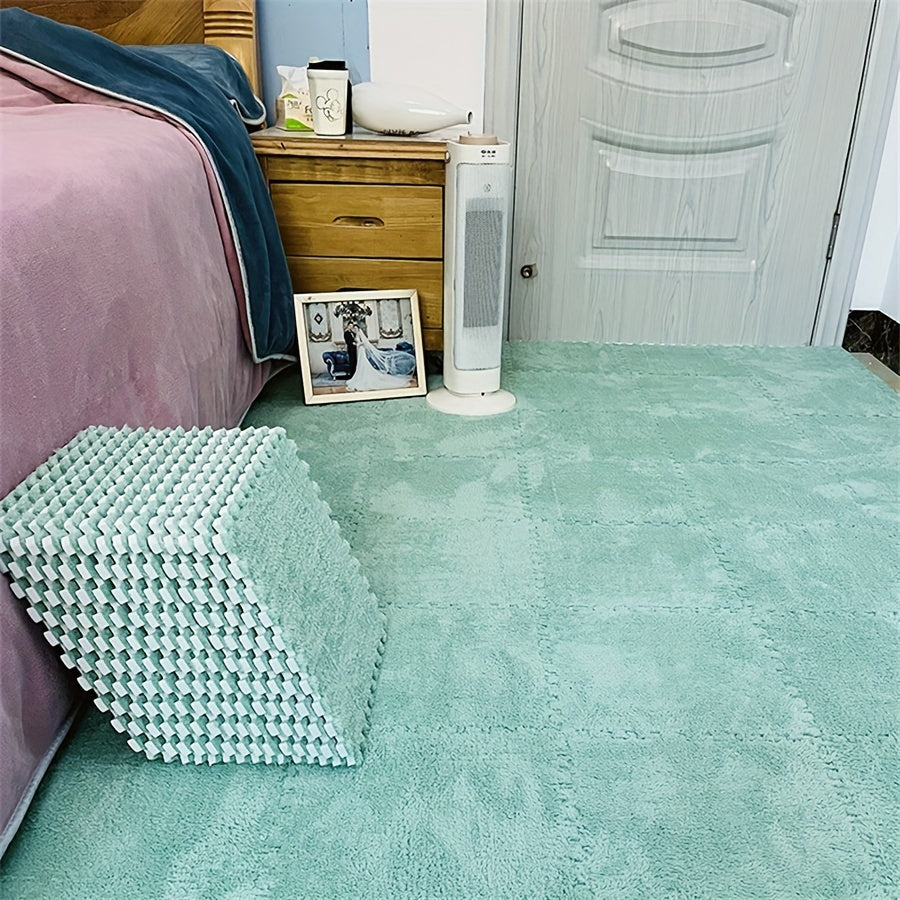 Bring style and comfort to your bedroom or living room with these plush interlocking carpet tiles. Made from a soft and washable blend of EVA and polyester, these tiles are perfect for adding warmth and coziness to your space. Each tile measures