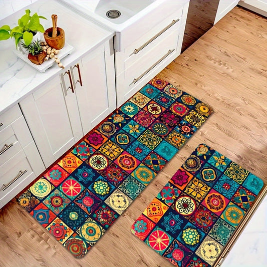 1pc Bohemian Square Floor Mat, Non-Slip, 8mm Thick, Machine Washable Polyester - Ideal for Various Indoor and Outdoor Spaces