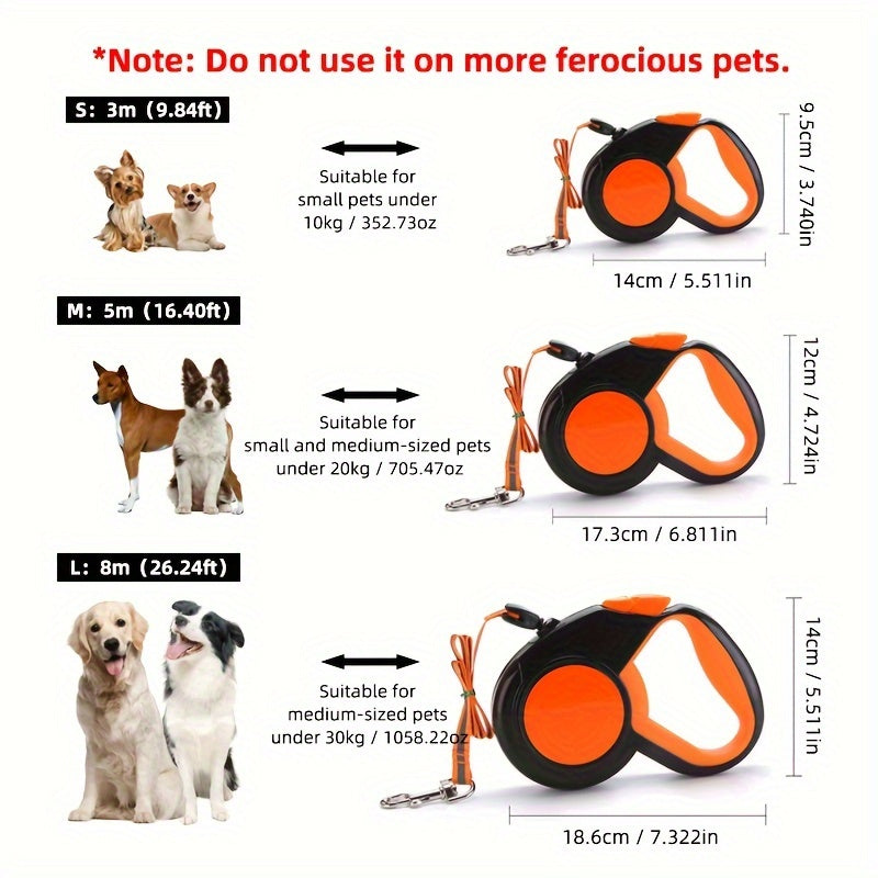 Reflective Dog Retractable Leash - Automatic, Multiple Lengths Available (3m/9.84ft, 5m/16.40ft, 8m/26.24ft), Durable Nylon Material for Outdoor Walking, Pet Accessories | Reflective Leash