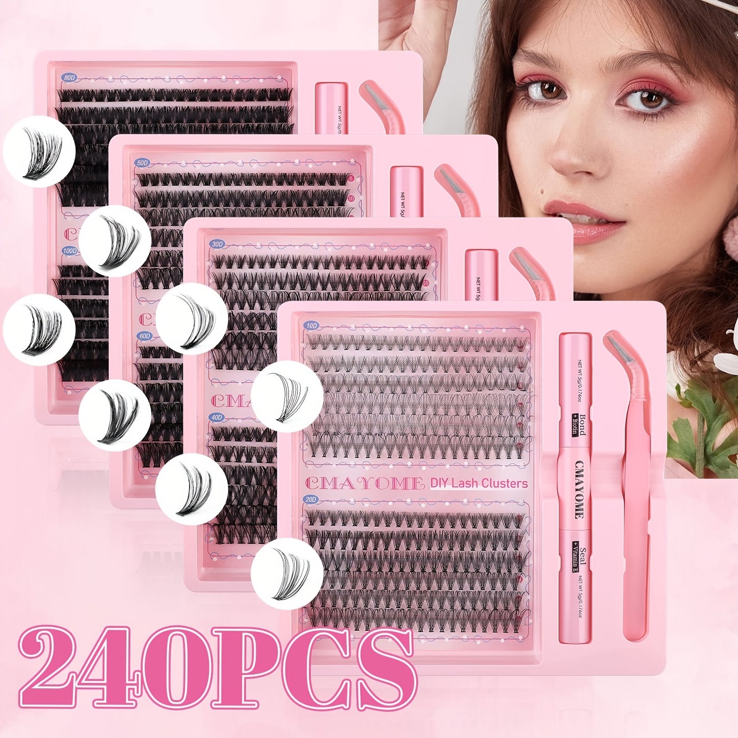 Pink Series DIY False Eyelashes Set includes 240pcs of C-shaped Curly False Eyelashes and 140pcs of Glue Tweezers. Features 8-16mm length, low sensitivity, easy application, and