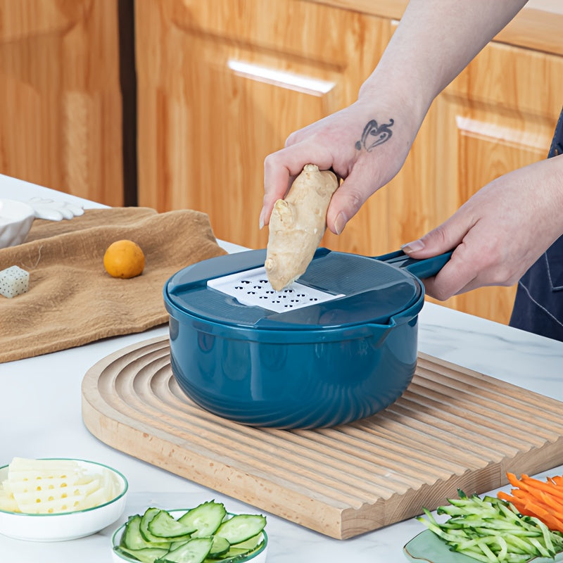 Handheld multifunctional vegetable slicer with safety julienne peeler, potato skinner, and mandoline. Made from ABS material for versatile chopping in the home kitchen.