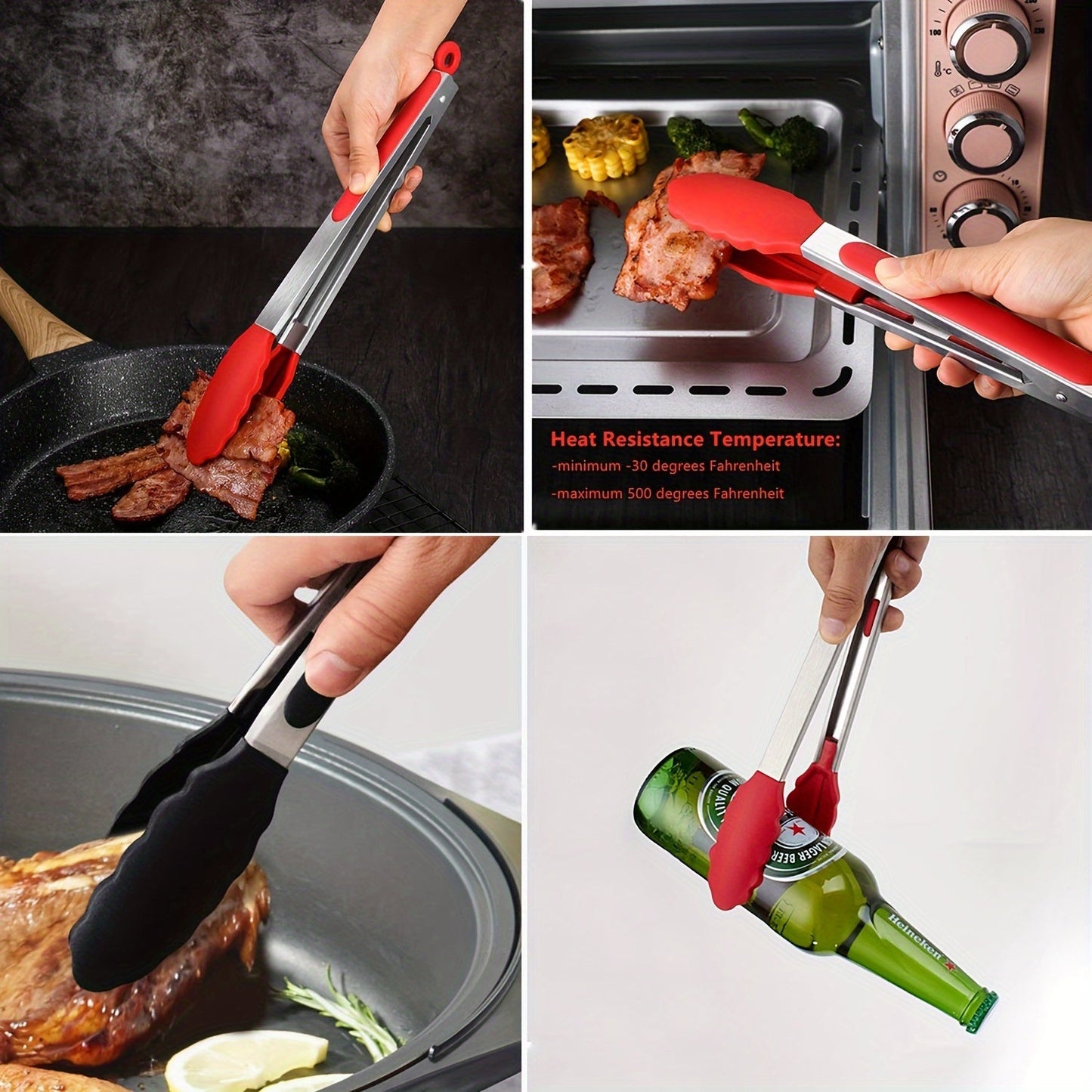 Black and red stainless steel kitchen tongs with heat-resistant silicone tips, available in three sizes (20.32 cm, 27.94 cm, 33.02 cm). These food clips feature a pull lock and non-scratch silicone tips, making them ideal for use with air fryers and