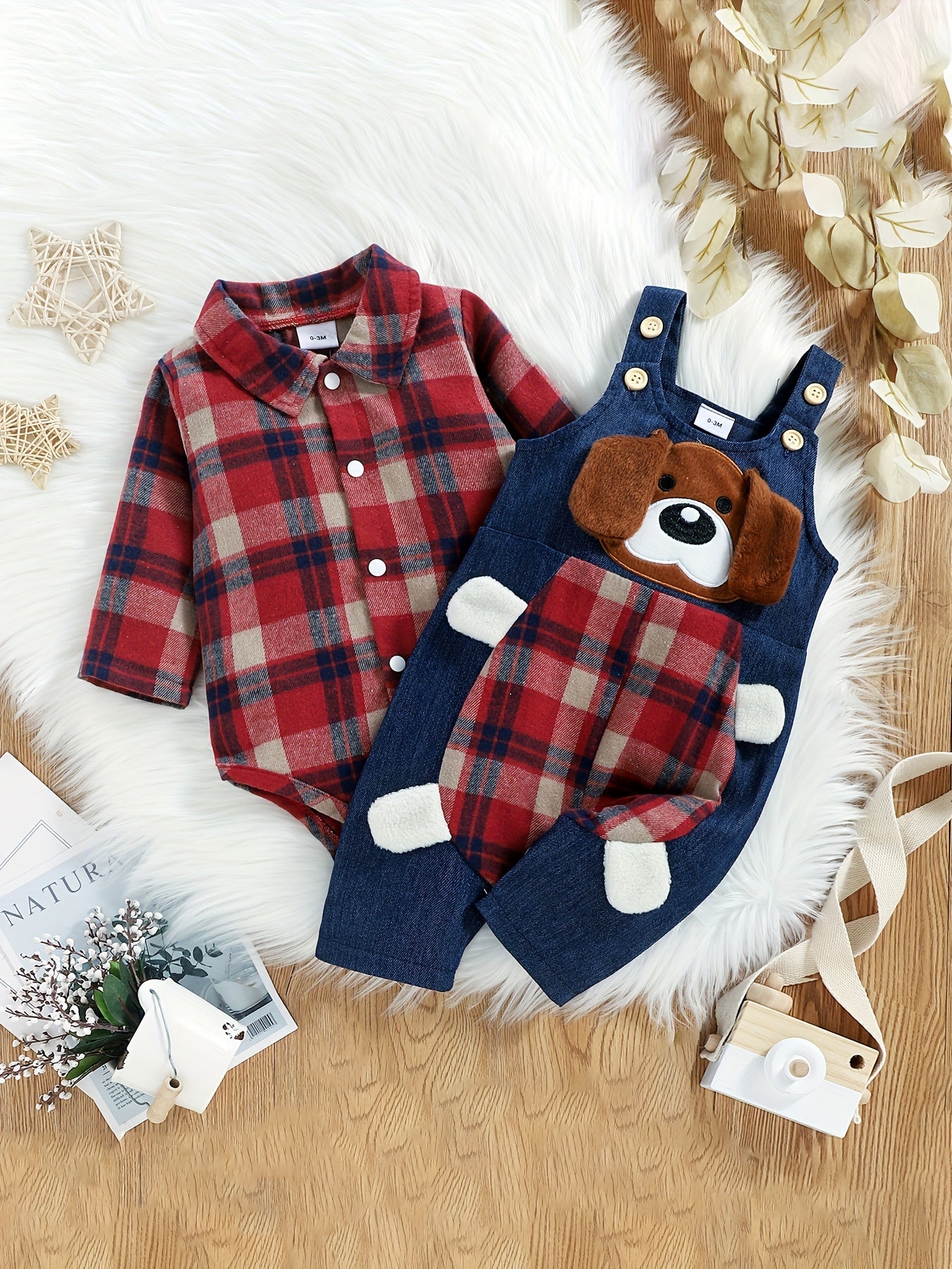 Plaid long sleeve bodysuit with jeans overalls set for boys aged 0-18 months, featuring stand collar, button detail, and woven fabric for outdoor wear.