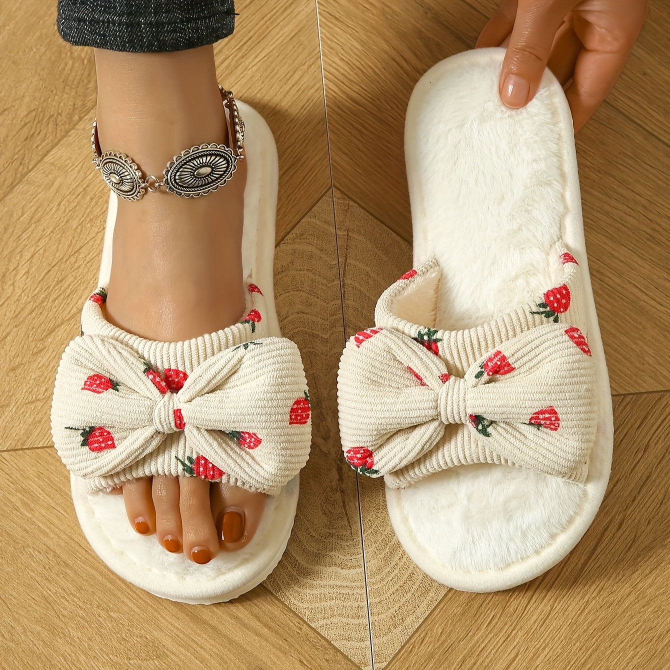 Adorable strawberry bow slippers, cozy and non-slip.