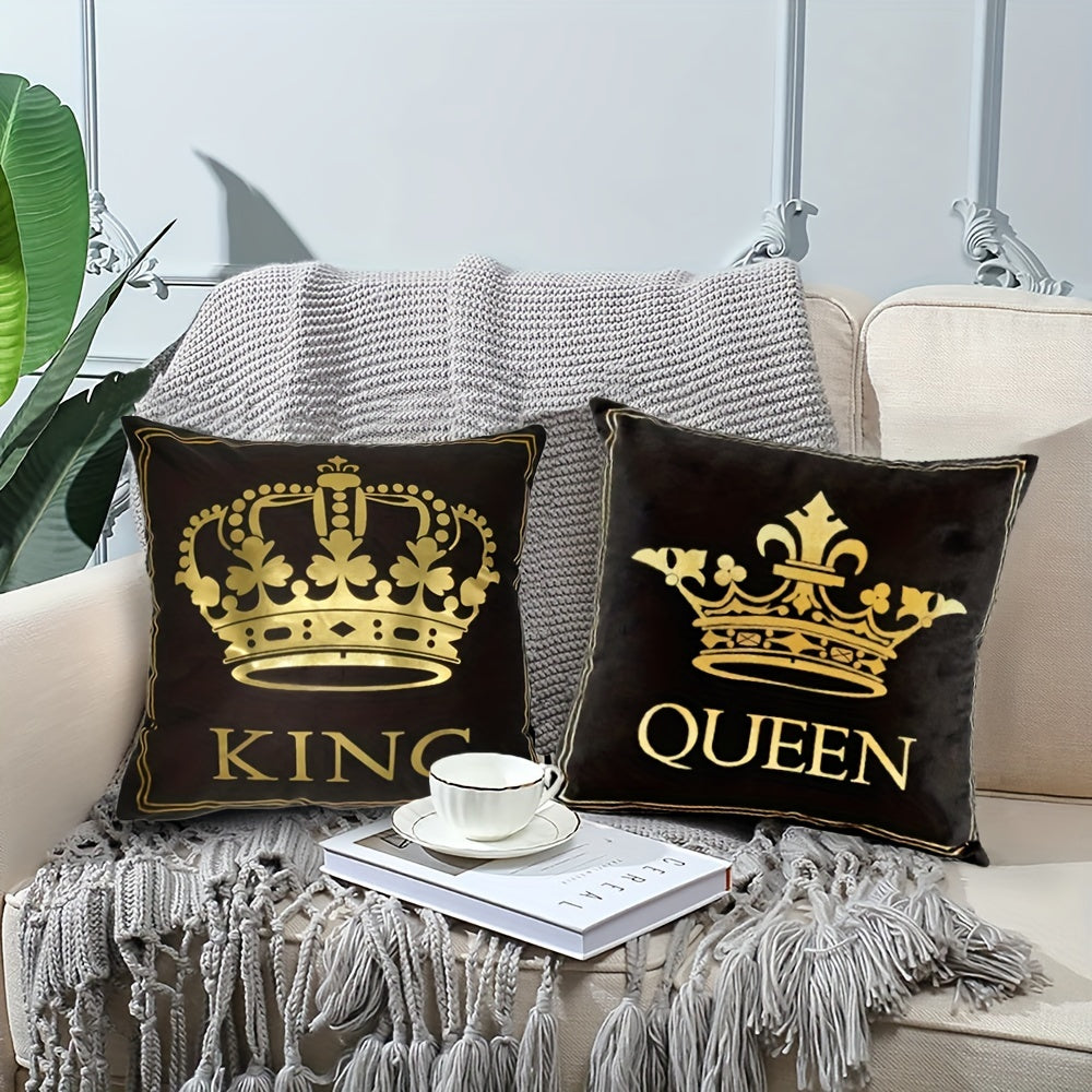 Pair of modern black throw pillow covers featuring golden stamping crown design, measuring 45.72*45.72cm. Perfect for adding a touch of farmhouse style to couch, sofa, or bedroom. Pillow inserts not included.