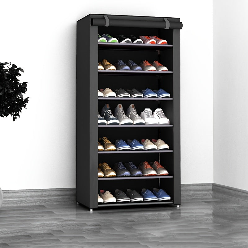 Metal shoe rack with dustproof cover, vertical storage, easy assembly, for entryway/bedroom/living room, lightweight under 13.61 KG, spacious capacity, weather-resistant, 68.58cm tall.