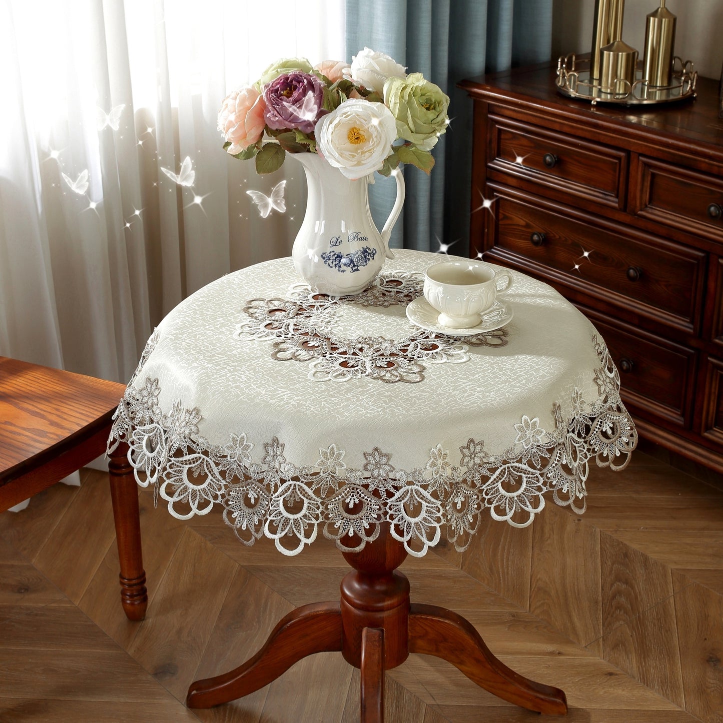 Polyester round tablecloth with lace border, ideal for various occasions in multiple sizes.