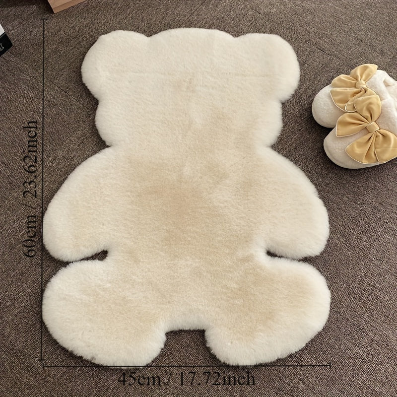 Bear-shaped area rug, featuring a cute animal pattern and fluffy cushioning, designed for softness and comfort. This soft furry throw carpet doubles as an anti-fatigue floor mat, perfect for use in high traffic areas. Ideal for adding a touch of spring