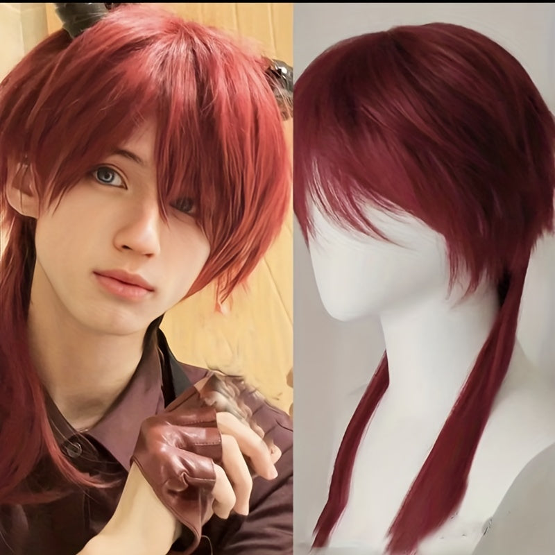 Red Men's Long Tail Wig for Anime Cosplay, Heat Resistant Wig