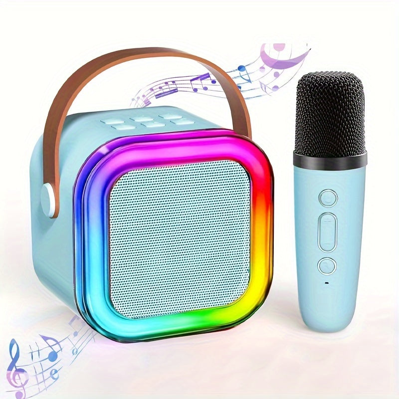 Compact karaoke speaker with wireless microphones, LED disco lights; ideal for home parties and special occasions like birthdays and Valentine's Day.