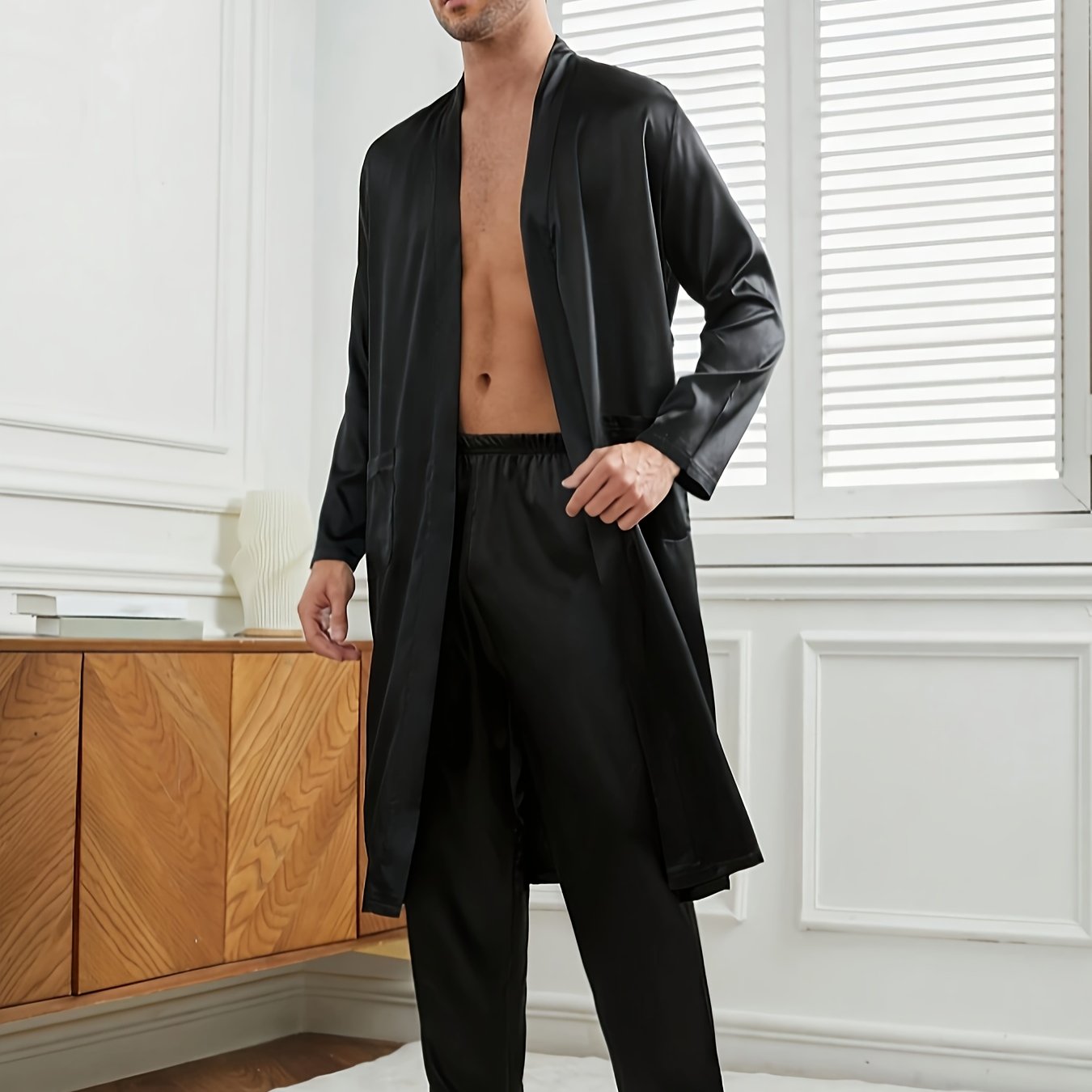 Solid color men's robe set with belt, V-neck, long sleeves, made of 95% polyester and 5% elastane. Features non-stretch woven fabric and pockets. Suitable for spring, summer, and fall.