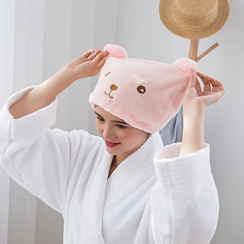 Modern cartoon bear hair towel made of thickened coral fleece, absorbent, fade resistant, lightweight quick-dry cap.