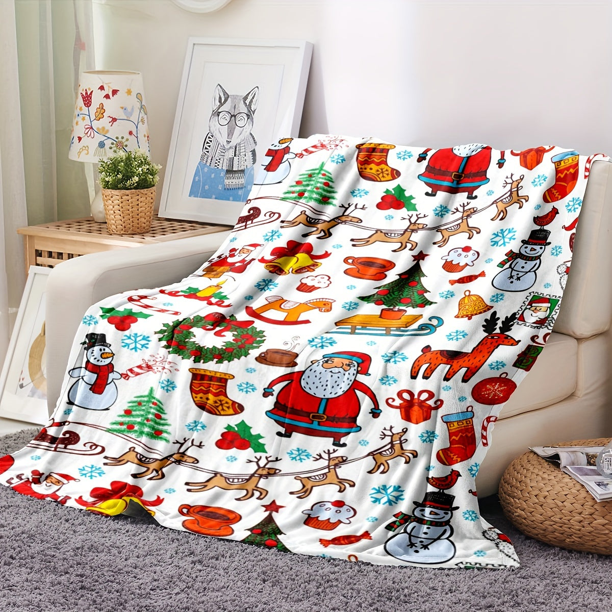 Get cozy with this flannel fleece blanket featuring a festive Christmas cartoon print. Made from soft and comfortable material, this reversible blanket is machine washable and can be used for multiple purposes such as on the sofa, in the office, while