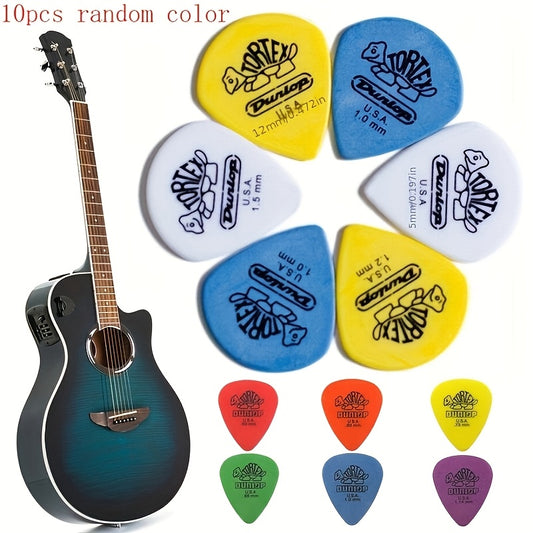 10 DUNSON Premium Guitar Picks made of high-quality celluloid, lightweight and durable in assorted colors. Suitable for acoustic & electric guitars, bass, and other musical instruments.