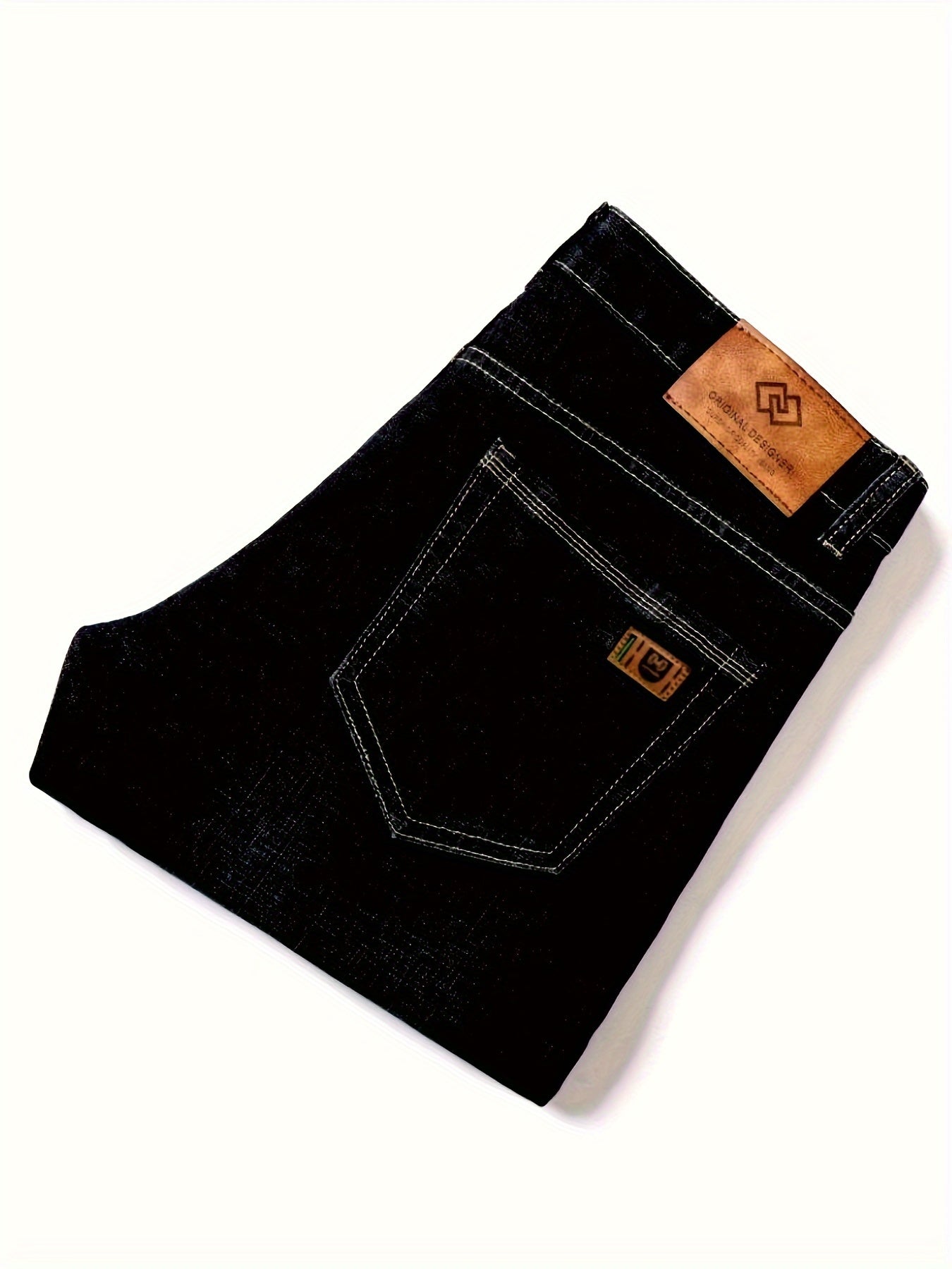 Men's solid denim trousers with pockets, casual cotton blend jeans for outdoor activities.