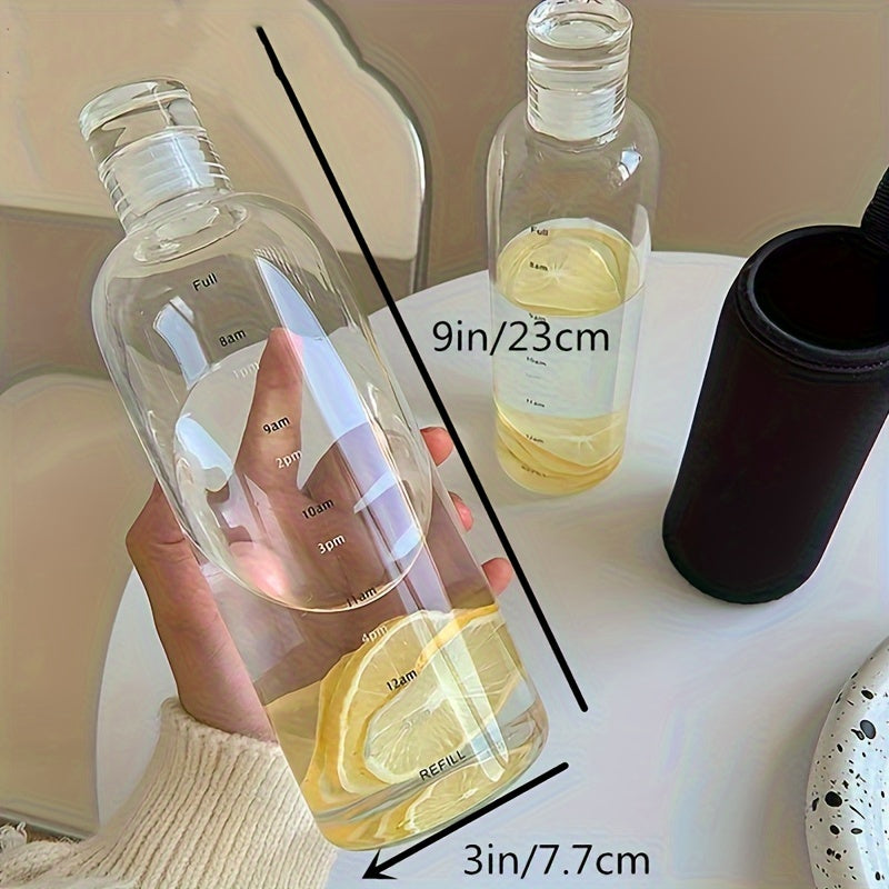 BPA-free clear plastic water bottle with time marker, ideal for juice and milk, portable and lightweight for kitchen and dining.