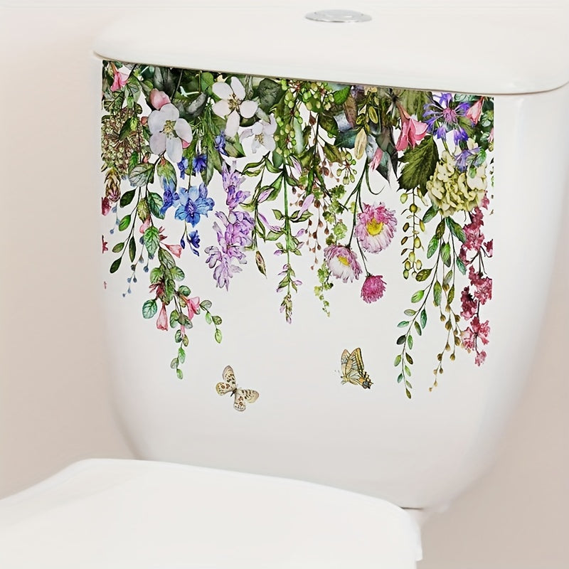 1pc Vibrant Tropical Floral & Butterfly Toilet Sticker - Self-adhesive, Easy to Apply on Ceramic Surfaces, Semi-Matte Finish for Refreshing Home Decor, Bathroom Accessory