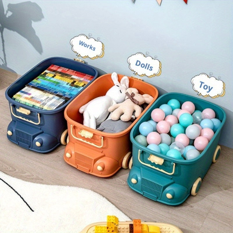 Blue plastic toy storage box with wheels for building blocks, snacks, small items, bedroom, living room, and home decor.