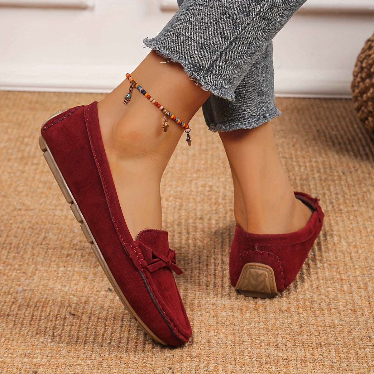 Retro flat loafers with bow detail, slip on style, and soft sole for casual wear.