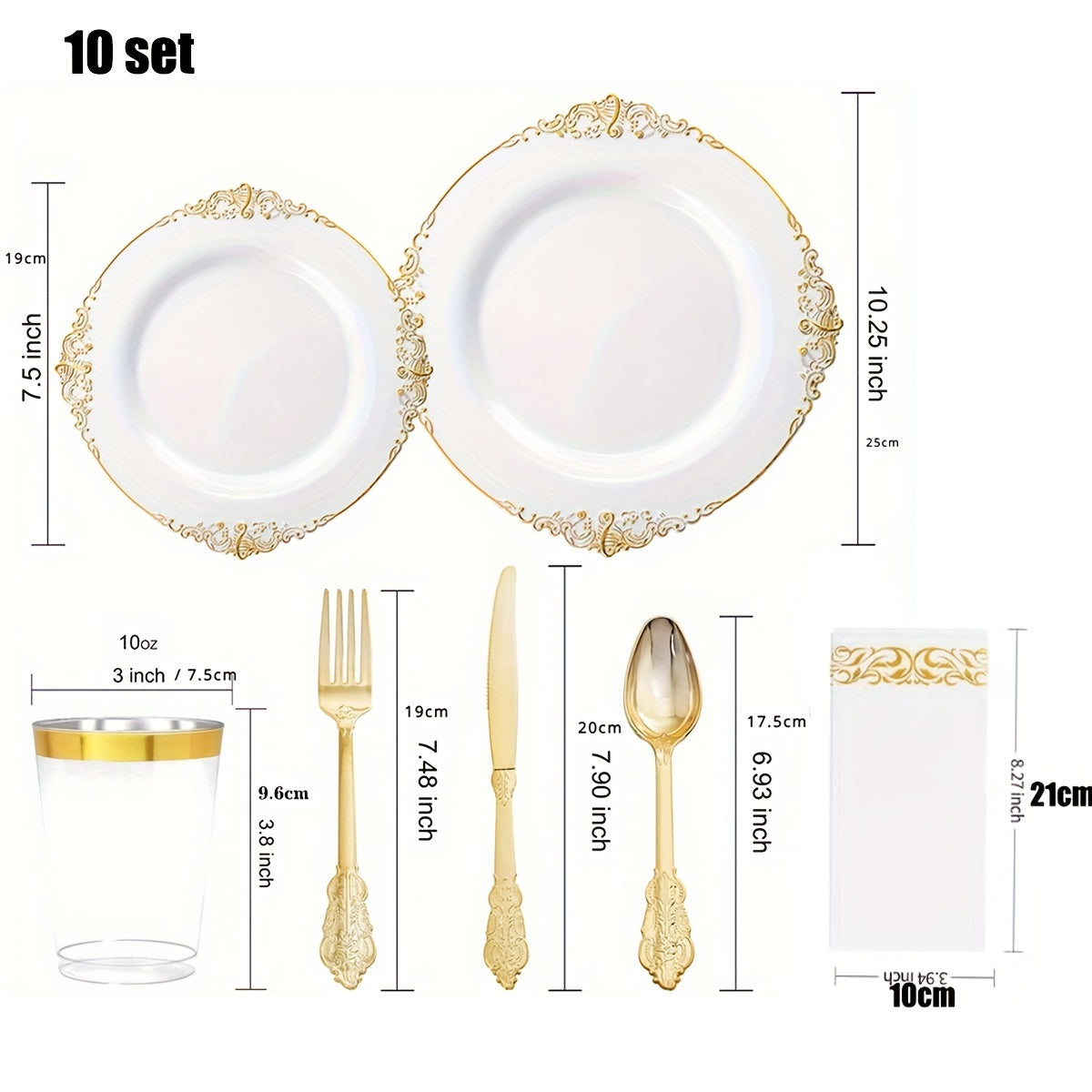 Complete set of elegant disposable dinnerware for 10 guests, includes 10 dessert plates, 10 salad plates, 10 napkins, 10 cups, and 30 pieces of cutlery (forks, knives, spoons). Ideal for wedding anniversaries and holiday parties.